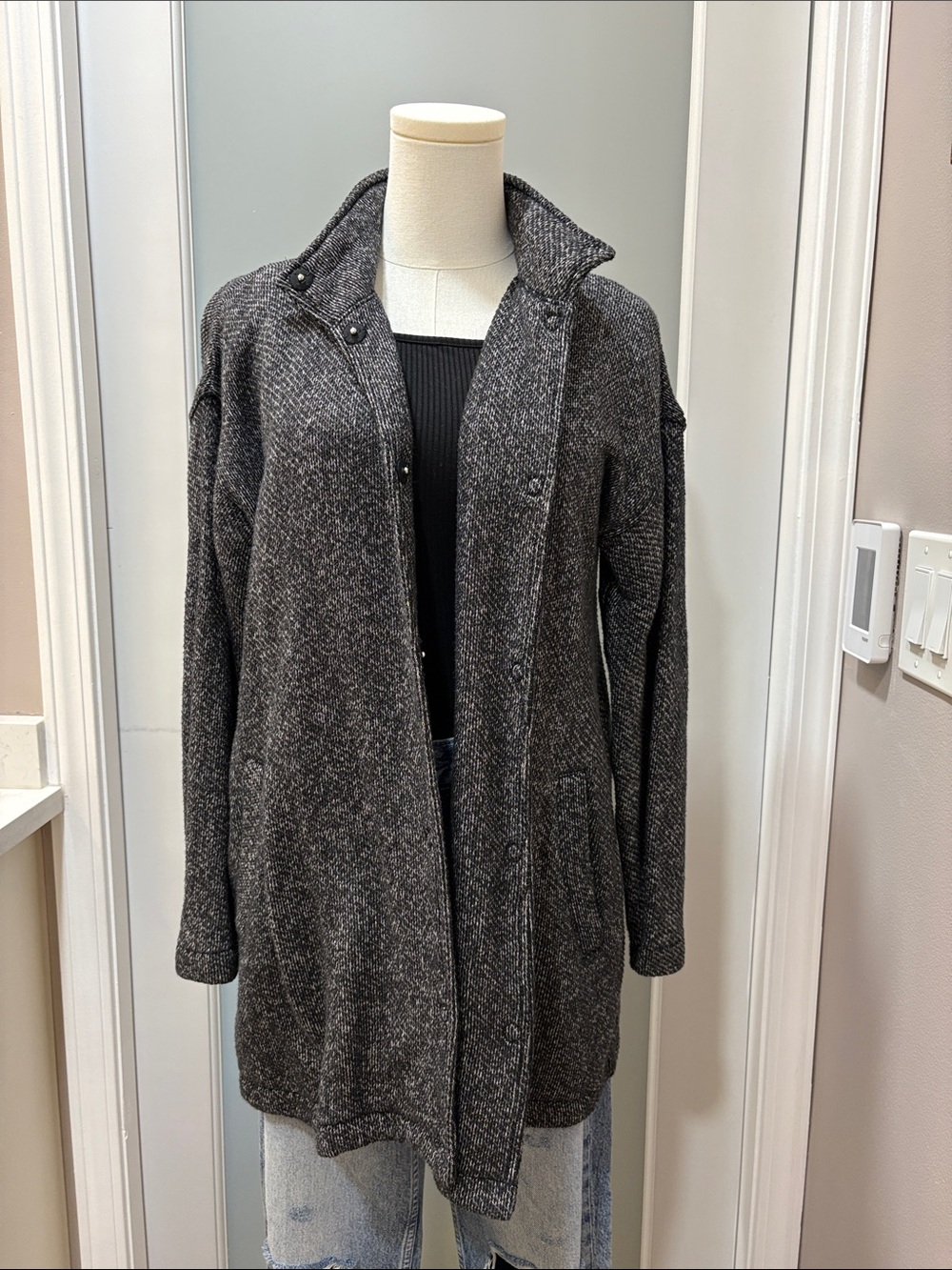 Women's Dark Gray Open-Front Knit Sweater Coat